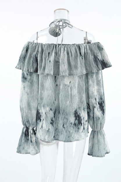 Blusa sexy con hombros descubiertos, flores y volantes teñidos anudados