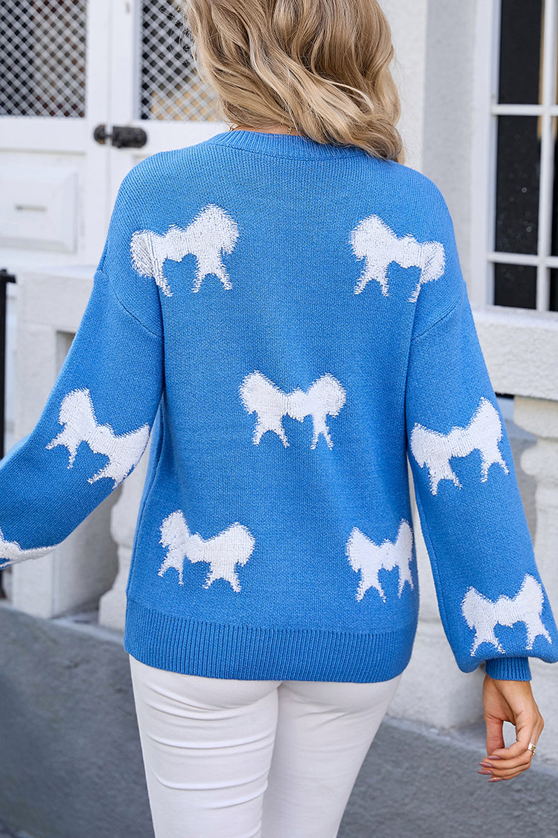 Casual Street Bow Weave Contrast O Neck Sweaters(4 Colors)