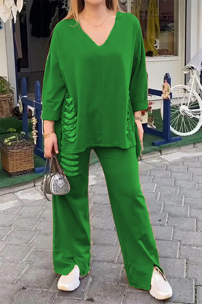 Casual Daily Ripped Sequins Irregular V Neck Half Sleeve Two Pieces(8 Colors)