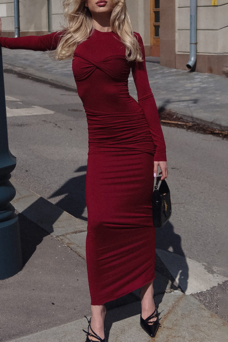 Vestidos elegantes de diario con cuello redondo fruncido y manga larga