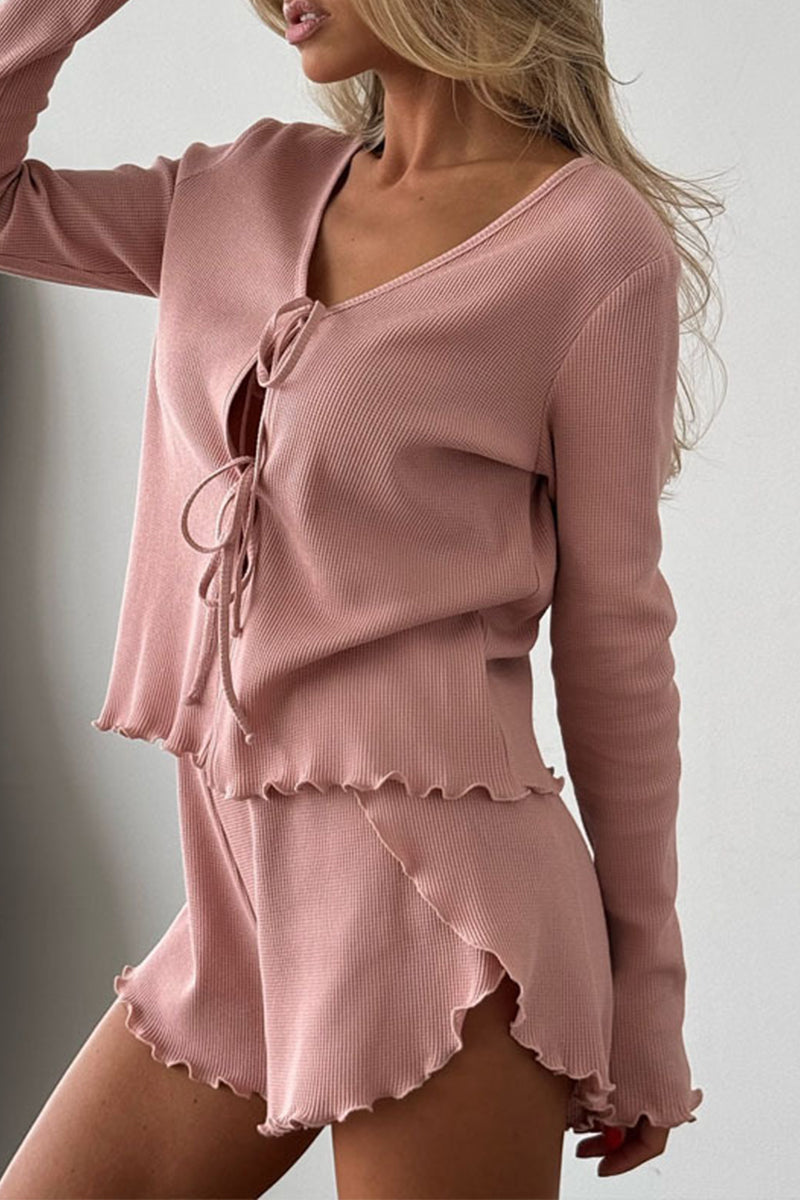 Conjunto informal de dos piezas con cuello en V, manga larga y cordones con volantes para uso diario