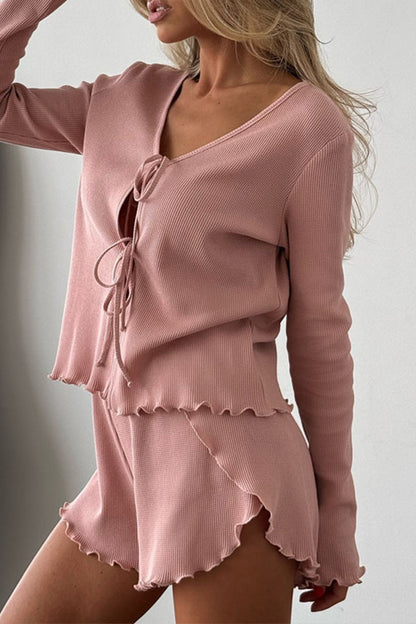 Conjunto informal de dos piezas con cuello en V, manga larga y cordones con volantes para uso diario