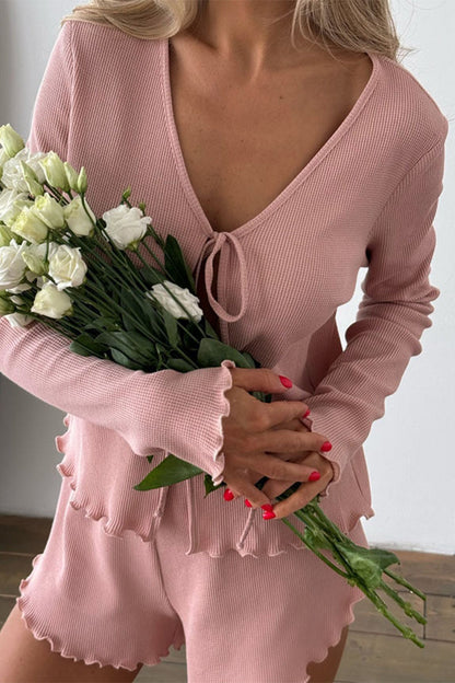 Conjunto informal de dos piezas con cuello en V, manga larga y cordones con volantes para uso diario