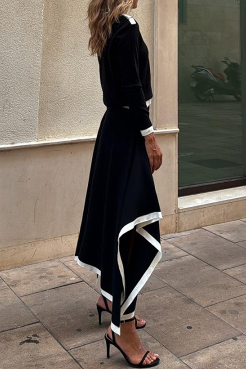 Conjunto informal de dos piezas con cuello redondo, manga larga y contraste irregular (3 colores)