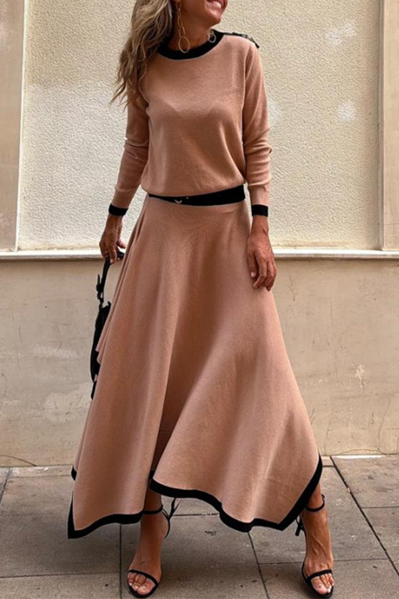 Conjunto informal de dos piezas con cuello redondo, manga larga y contraste irregular (3 colores)