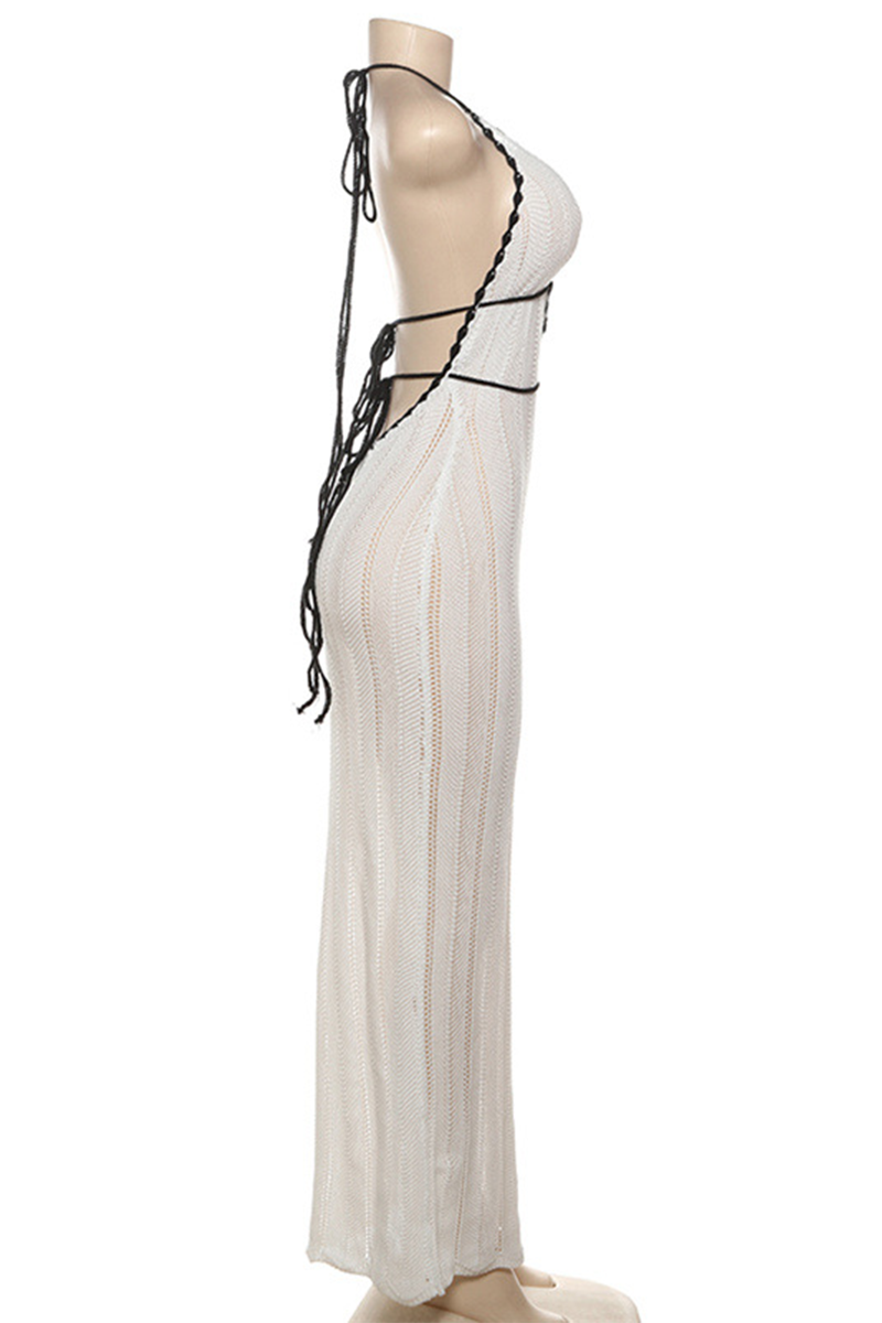 Vestido sexy de rayas urbanas con encaje, espalda descubierta, tejido tipo halter, falda de un solo paso