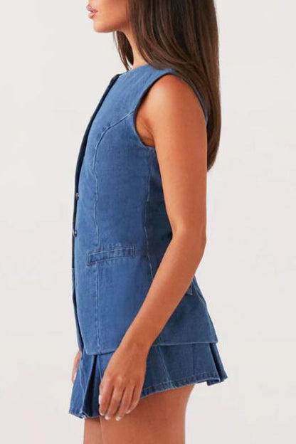 Casual Street Buttons Adjustable O Neck Sleeveless Two Pieces