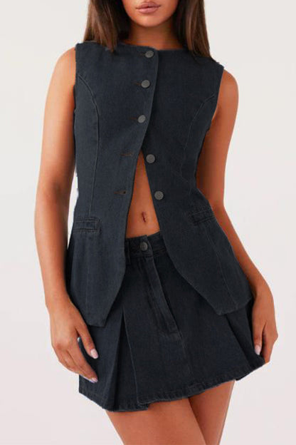 Casual Street Buttons Adjustable O Neck Sleeveless Two Pieces