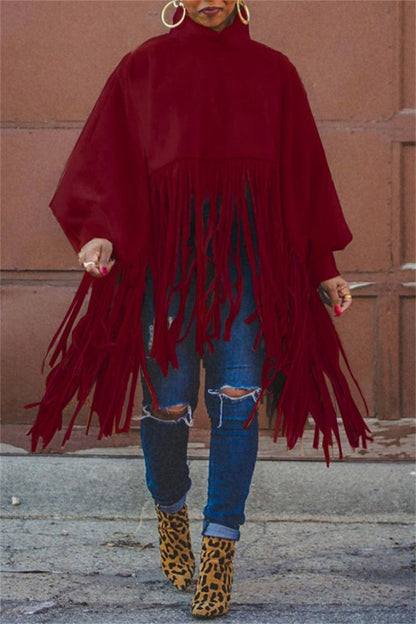 Casual Solid Color Fringed Trim Turtleneck Tops(6 Colors)