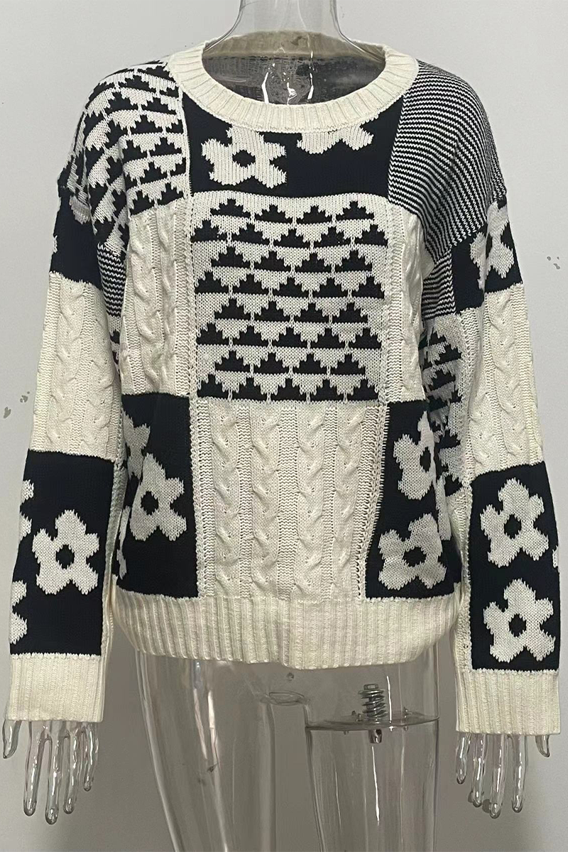 Suéteres casuales de cuello redondo con tejido de flores y bloques de color en contraste