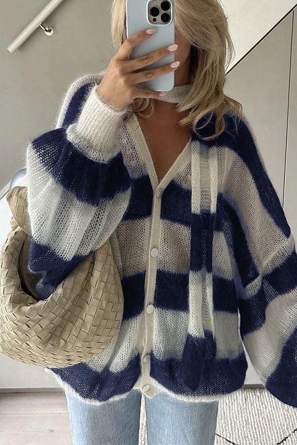 Cárdigan informal con cuello en V, botones y rayas en contraste (4 colores)