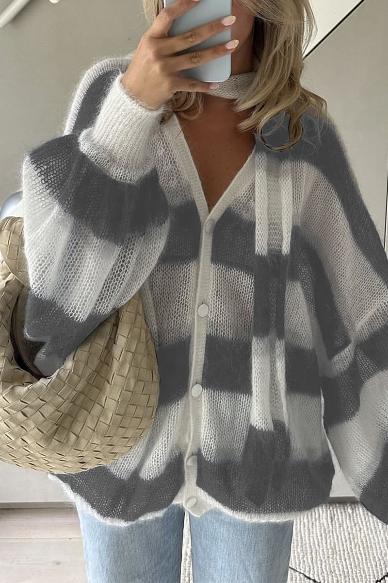 Cárdigan informal con cuello en V, botones y rayas en contraste (4 colores)