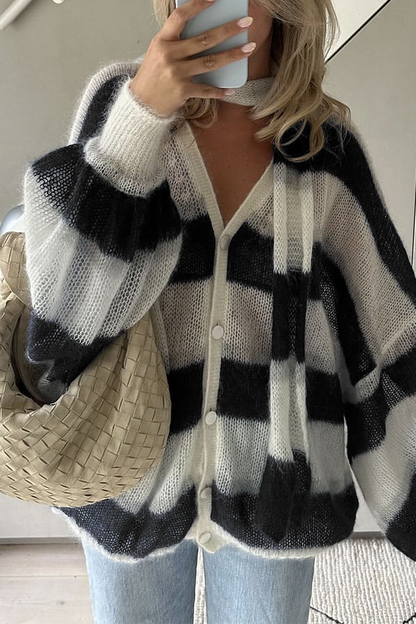 Cárdigan informal con cuello en V, botones y rayas en contraste (4 colores)