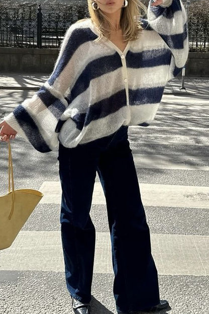 Cárdigan informal con cuello en V, botones y rayas en contraste (4 colores)