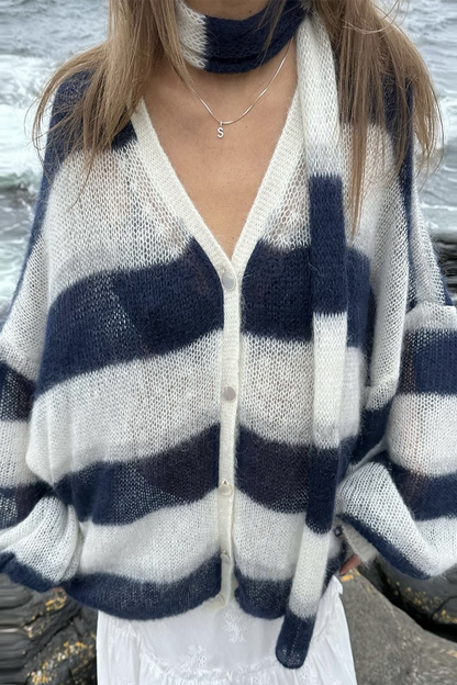 Cárdigan informal con cuello en V, botones y rayas en contraste (4 colores)