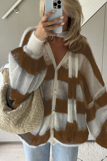 Cárdigan informal con cuello en V, botones y rayas en contraste (4 colores)