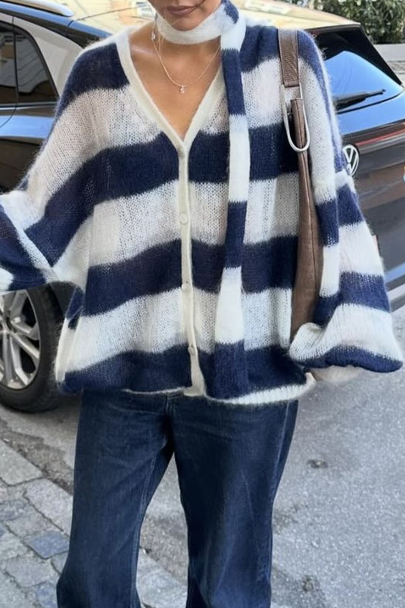 Cárdigan informal con cuello en V, botones y rayas en contraste (4 colores)