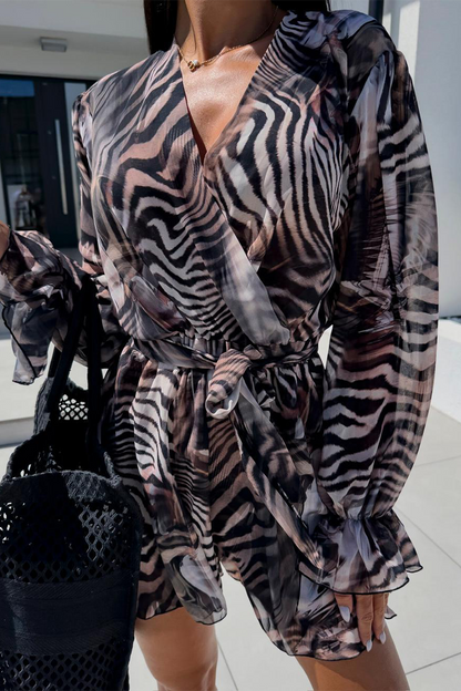 Mono informal de vacaciones con estampado de cebra, flores, encaje, cuello en V en contraste (3 colores)