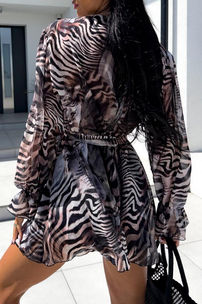 Mono informal de vacaciones con estampado de cebra, flores, encaje, cuello en V en contraste (3 colores)