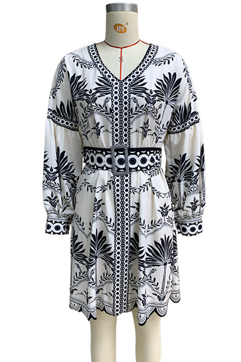 Vestidos casuales de corte A con cuello en V, estampado floral y patchwork con cinturón