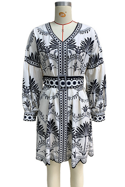 Vestidos casuales de corte A con cuello en V, estampado floral y patchwork con cinturón