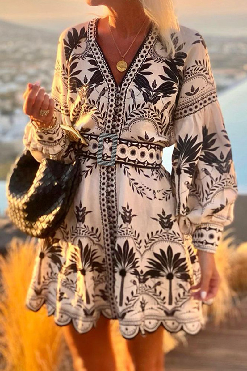 Vestidos casuales de corte A con cuello en V, estampado floral y patchwork con cinturón