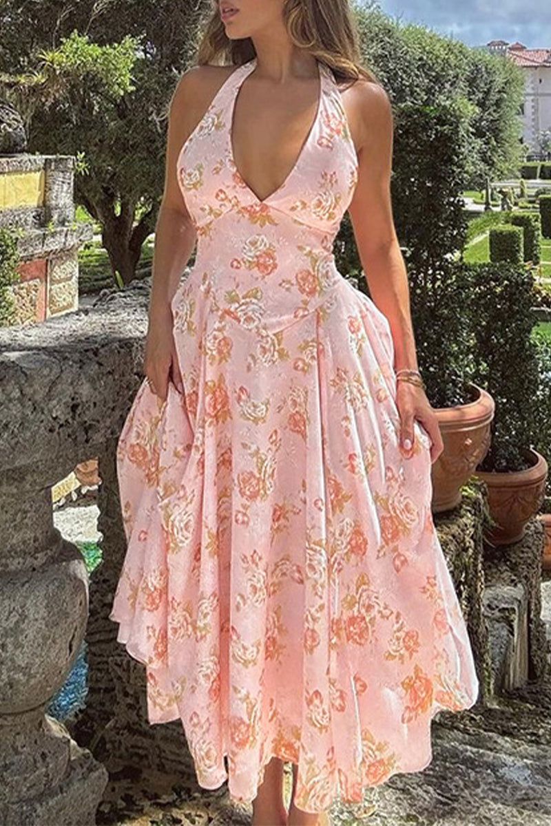 Vestidos sexis sin mangas y con cuello halter y espalda descubierta con flores para vacaciones