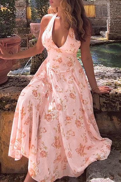 Vestidos sexis sin mangas y con cuello halter y espalda descubierta con flores para vacaciones