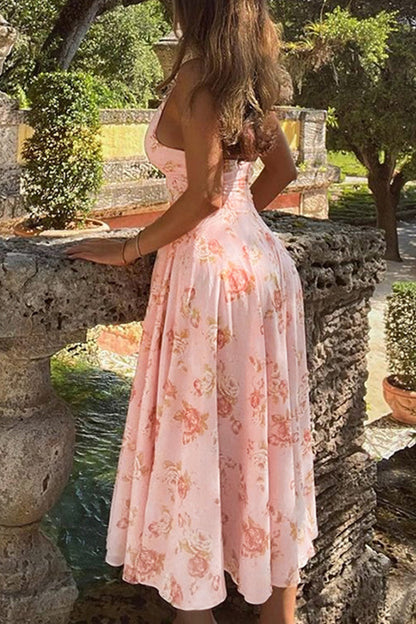 Vestidos sexis sin mangas y con cuello halter y espalda descubierta con flores para vacaciones