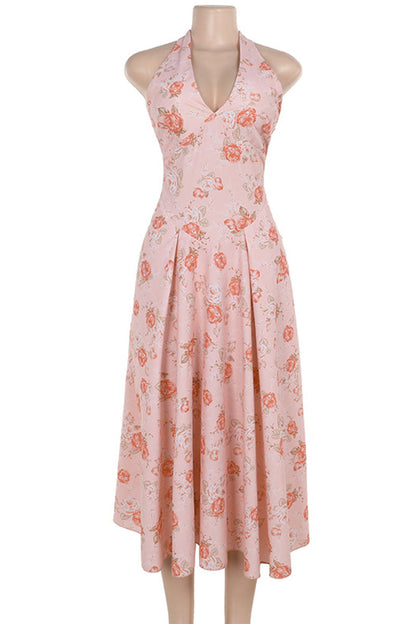 Vestidos sexis sin mangas y con cuello halter y espalda descubierta con flores para vacaciones