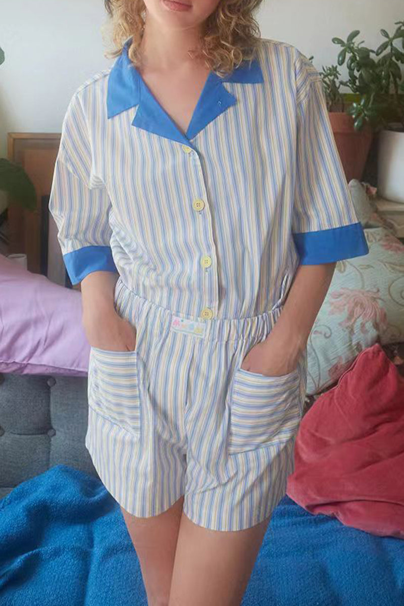 Conjunto informal de dos piezas con cuello vuelto, manga larga y diseño de patchwork a rayas para uso diario