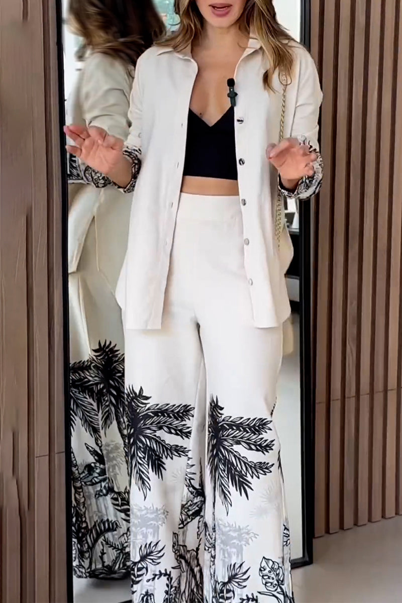 Conjunto de dos piezas con estampado de paisaje informal, botones, cuello vuelto, manga larga