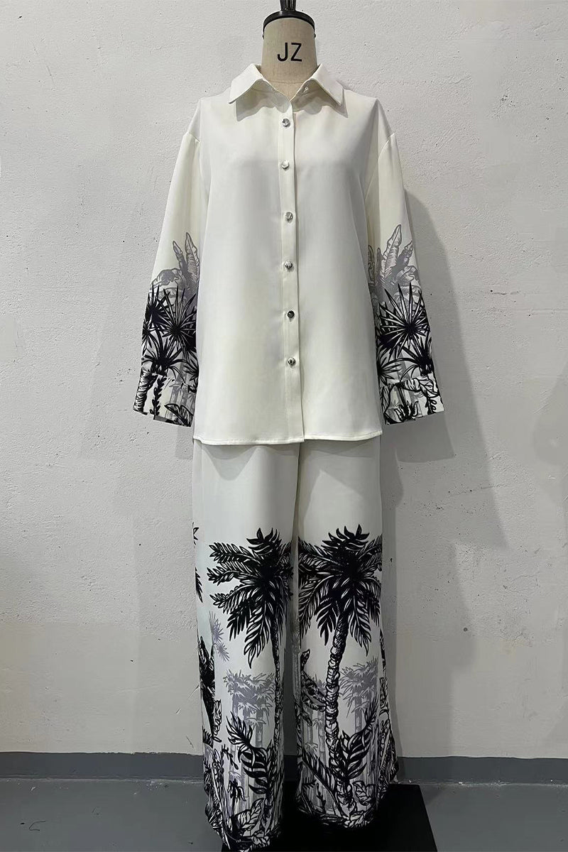 Conjunto de dos piezas con estampado de paisaje informal, botones, cuello vuelto, manga larga