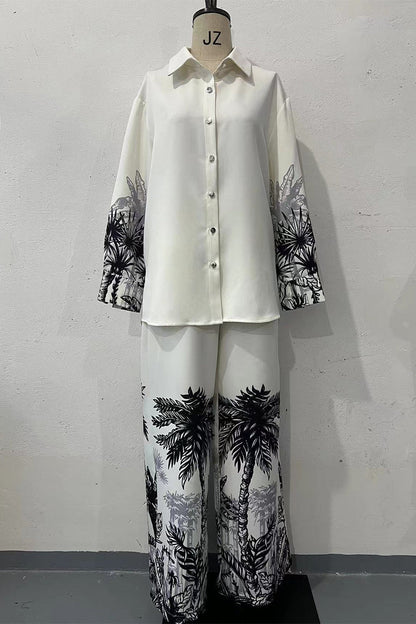 Conjunto de dos piezas con estampado de paisaje informal, botones, cuello vuelto, manga larga