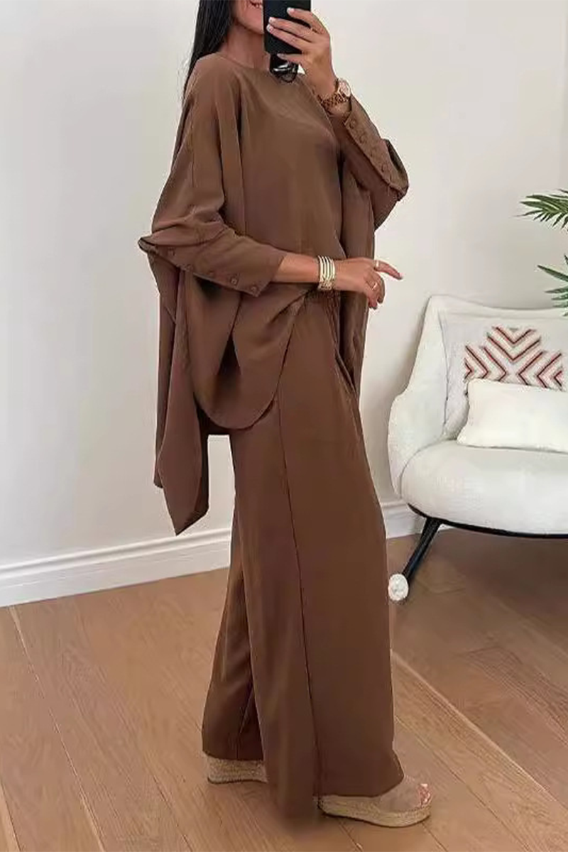 Conjunto informal de dos piezas con cuello redondo, manga larga y abertura en la calle (3 colores)