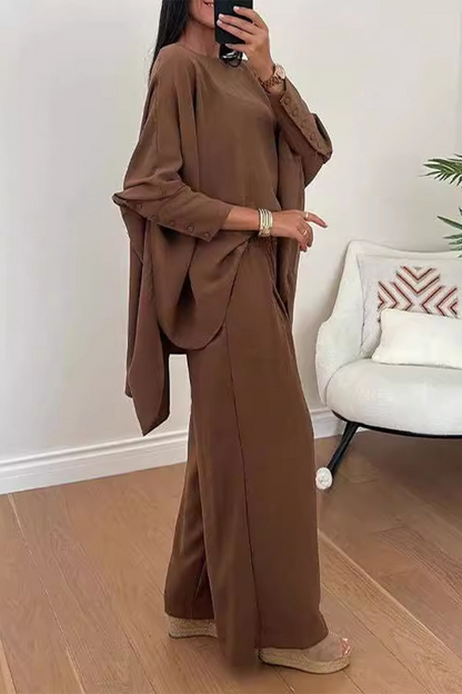 Conjunto informal de dos piezas con cuello redondo, manga larga y abertura en la calle (3 colores)