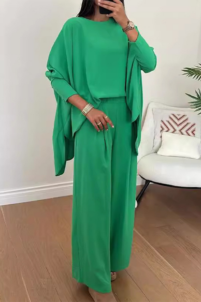 Conjunto informal de dos piezas con cuello redondo, manga larga y abertura en la calle (3 colores)