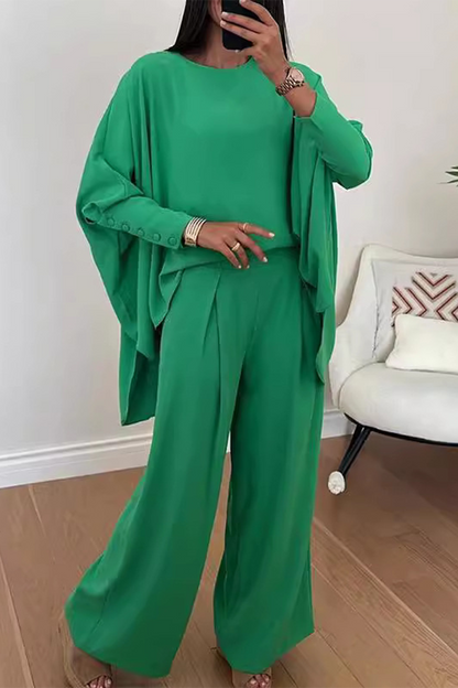 Conjunto informal de dos piezas con cuello redondo, manga larga y abertura en la calle (3 colores)