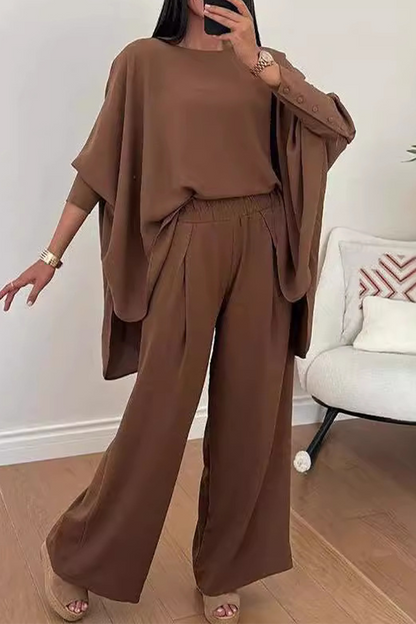 Conjunto informal de dos piezas con cuello redondo, manga larga y abertura en la calle (3 colores)