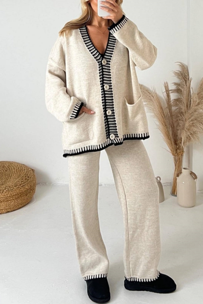 Conjunto informal de dos piezas con botones y cuello en V, manga larga (4 colores)