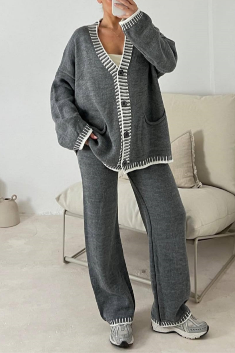 Conjunto informal de dos piezas con botones y cuello en V, manga larga (4 colores)