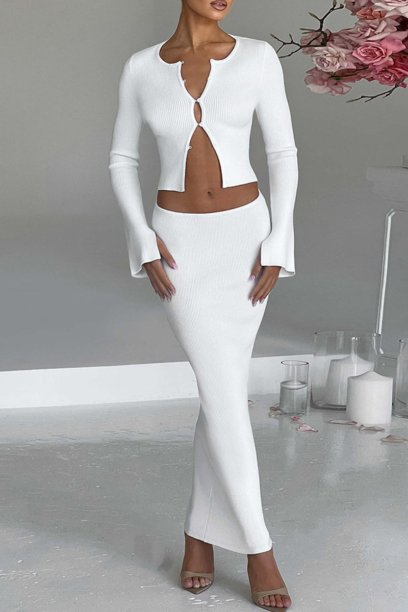 Elegante conjunto de dos piezas con cuello redondo, manga larga y parches de hebilla (3 colores)