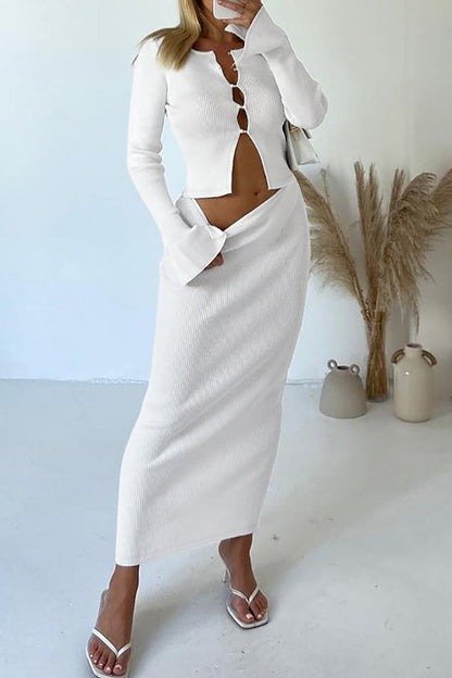 Elegante conjunto de dos piezas con cuello redondo, manga larga y parches de hebilla (3 colores)