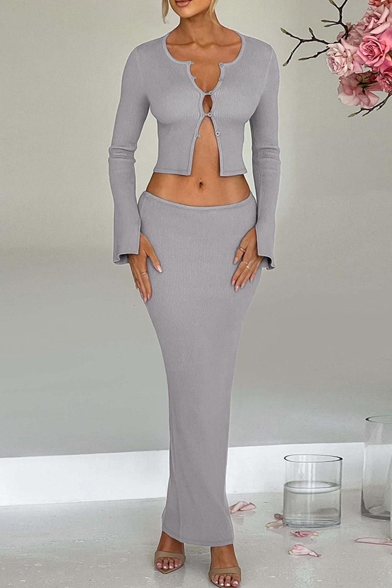 Elegante conjunto de dos piezas con cuello redondo, manga larga y parches de hebilla (3 colores)