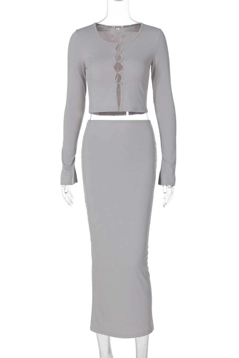 Elegante conjunto de dos piezas con cuello redondo, manga larga y parches de hebilla (3 colores)