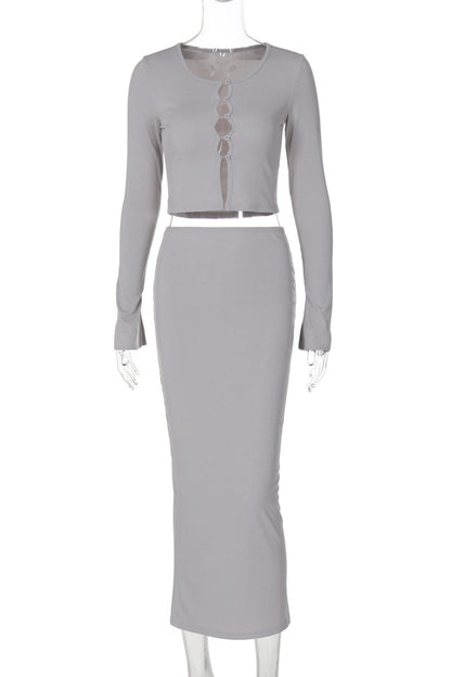 Elegante conjunto de dos piezas con cuello redondo, manga larga y parches de hebilla (3 colores)