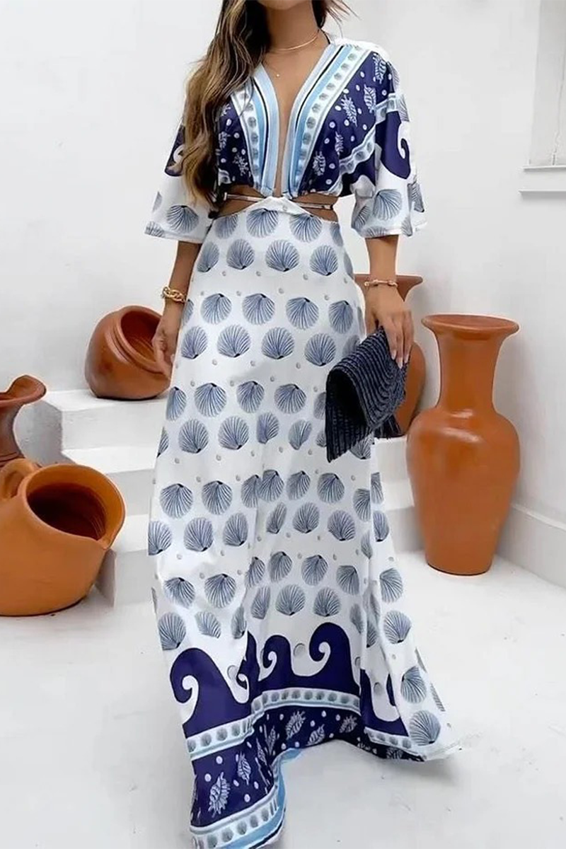 Vestidos sexis de vacaciones con estampado floral y escote en V calado