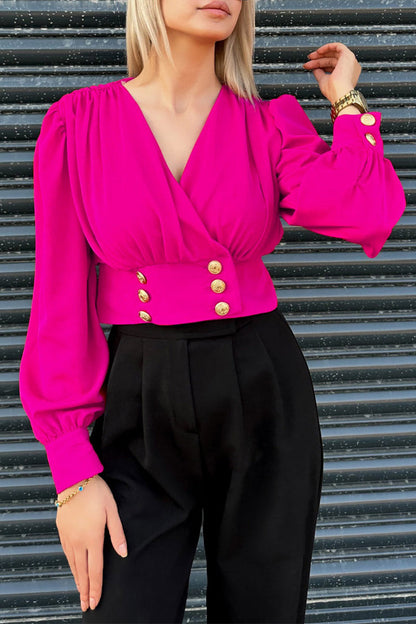 Blusas elegantes de color liso con cuello en V y botones para uso diario (4 colores)