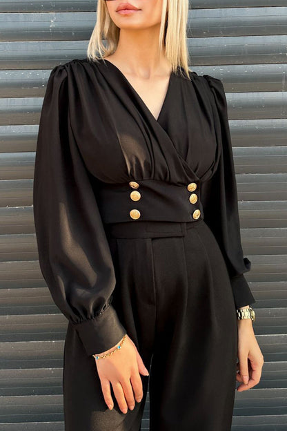 Blusas elegantes de color liso con cuello en V y botones para uso diario (4 colores)