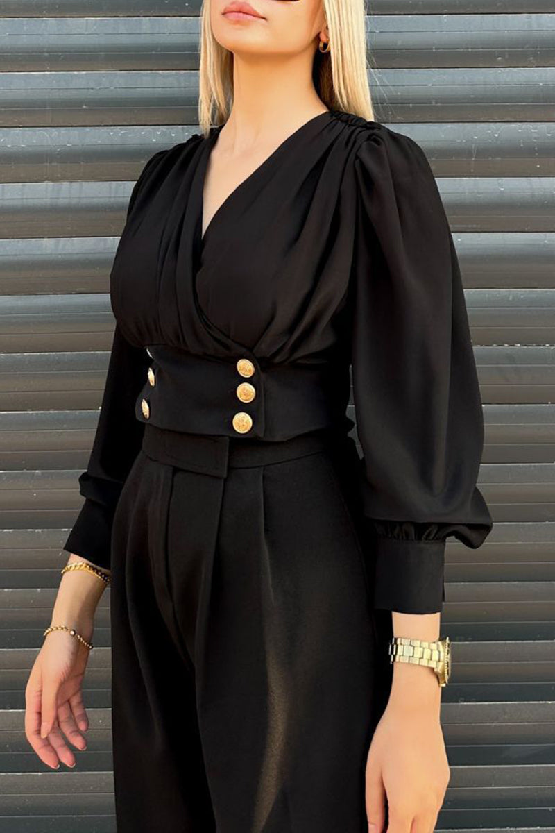 Blusas elegantes de color liso con cuello en V y botones para uso diario (4 colores)